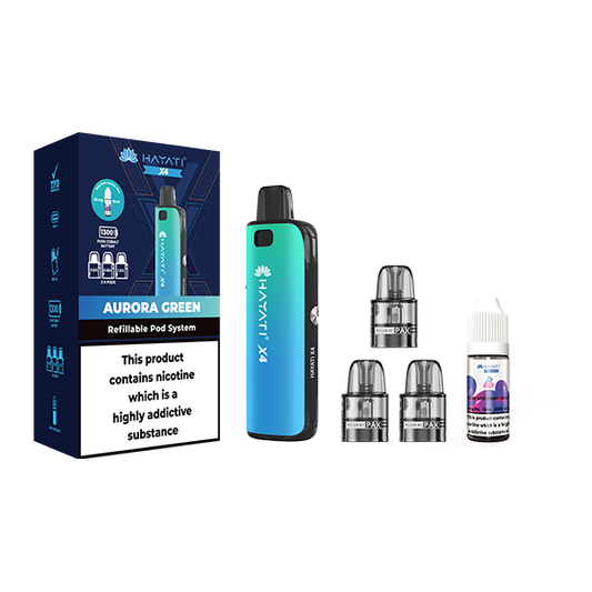 Hayati X4 Refillable Pod Vape Kit Includes 1X Nic Salts 20mg + 3x Refillable Pods Aurora Green 