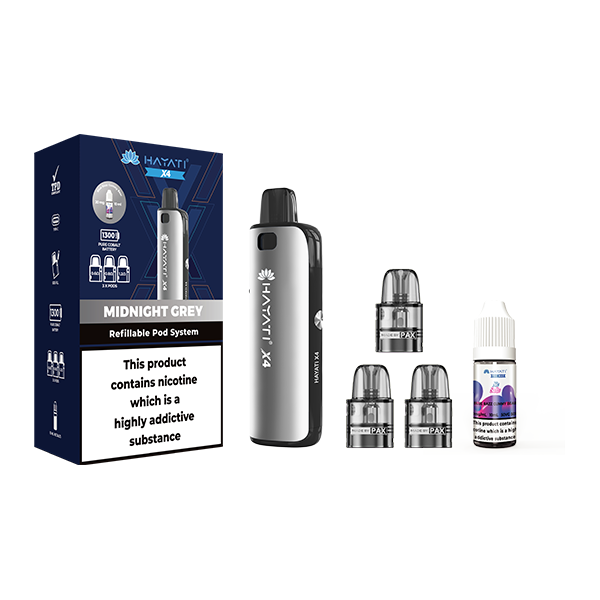 Hayati X4 Refillable Pod Vape Kit Includes 1X Nic Salts 20mg Midnight Grey + 3x Refillable Pods